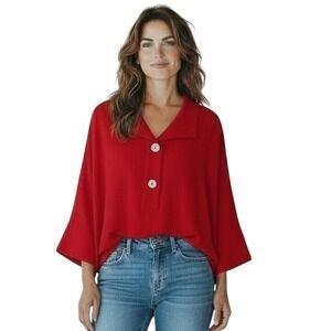 Kristin Crenshaw Red Textured Collared Button Front Dolman Sleeve Top Womens S/M